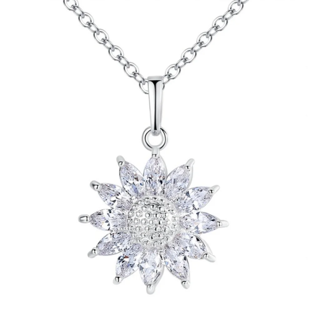 Dainty Sunflower Pendant Necklace Silver Tone
